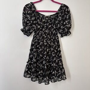Black Floral Puff Sleeve Fairy Dress Small Whimsigoth Cottagecore Romantic